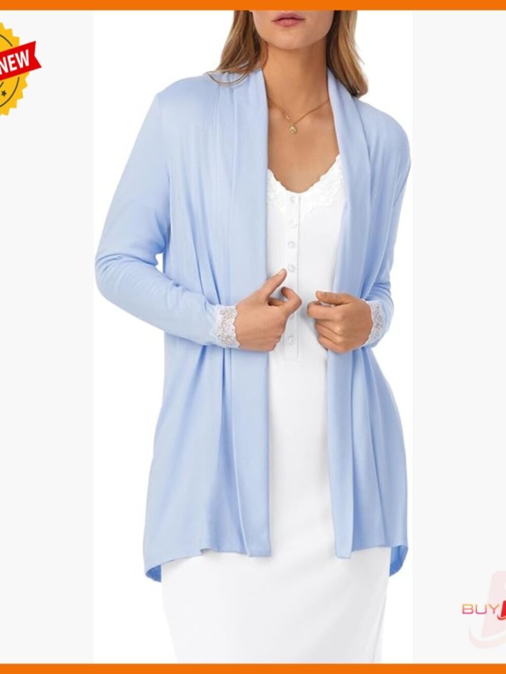 Soft Sweater Knit Cardigan with Lace Trim and Pockets for Sleep or Lounge